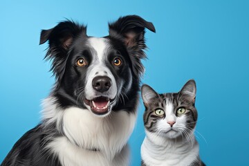 Striped tabby cat and border collie dog with happy expression together on blue background banner framed gazing at camera