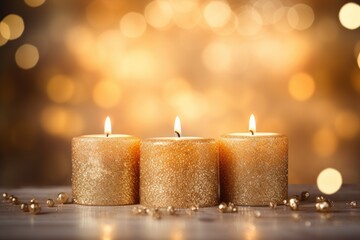Three golden candle lights decoratively shining at the blurred edge of a festive background