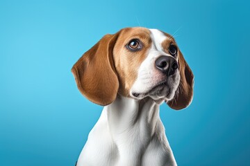 Studio blue background close up beagle