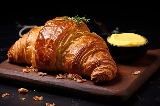 Quality photo of two croissants with butter on a black board