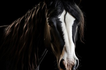 Close up portrait of a black and white horse