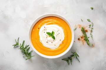 Creamy pumpkin soup on marble background with top view