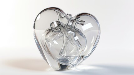 Heart-shaped transparent glass, white background