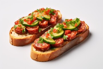Sausage and veggie bruschetta on gray background Three salami sandwiches as appetizer isolated up close Vertical orientation