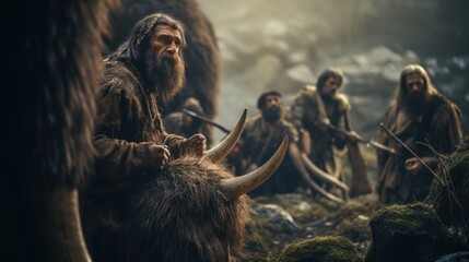 The cavemen are surrounded by their mammoth. Generative AI.