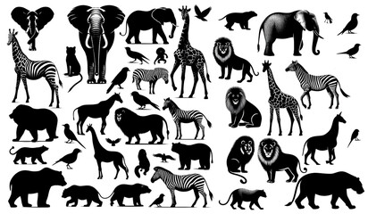 Wildlife Silhouettes Collection Featuring Animals like Elephant, Tiger, Bear, Lion, Giraffe in Black Vector Illustrations