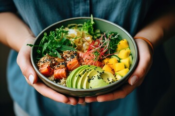 Top view of a woman s hands holding a poke bowl with Hawaiian ahi salmon rice avocado cucumber mango and herbs a fish based diet meal