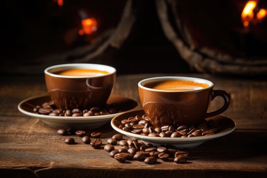 Symbolic image of coffee cups and beans on rustic wooden background close up