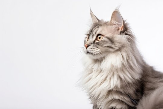 Close up photo of a lovely Siberian Cat isolated on a white background Symbolizing domestic animal life pets friendship love and care Space for advertis