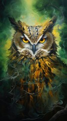An owl with yellow eyes and green eyes. Generative AI.