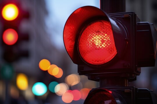 Warning pedestrians not to cross street red Japanese traffic light close up