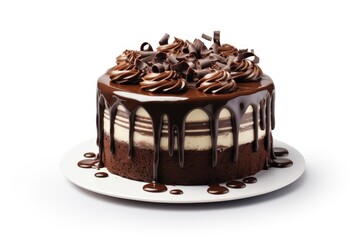 Obraz premium Chocolate cake with fudge icing and chocolate curls on white background