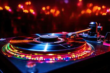 Vintage DJ turntable with a needle on a vinyl record playing music under disco lights at a party