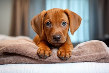 A lovely, attractive brown puppy resting on a towel. Getting ready and organizing for a trip