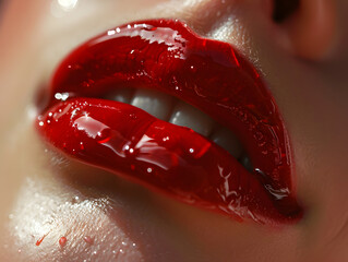 Close-up of beautiful female lips with red shiny lipstick. Makeup and cosmetics