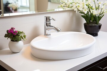 Fototapeta na wymiar A high-end, elegant white porcelain sink placed on a bathroom counter.