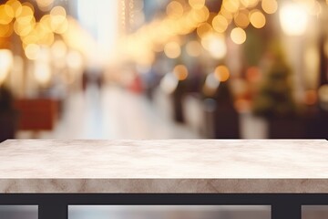 Table with empty marble top in a coffee shop background suitable for product display or online advertising banner in business presentations - obrazy, fototapety, plakaty