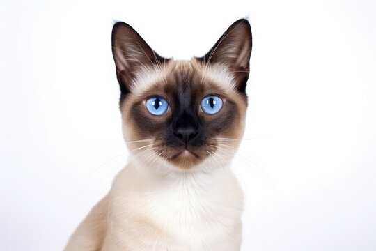 Close up portrait of a Siamese adult cat with captivating blue eyes Young kitten on a white background Providing medical care for domestic animals and f