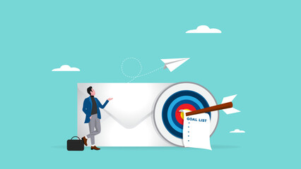 target email marketing, Digital Marketing Business Newsletter, subscribing to a newsletter or sending online promotions to direct customers to a website, businessman with paper plane and target email