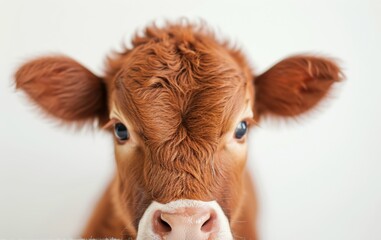 Inquisitive calf with nosey nose peeking from white background - obrazy, fototapety, plakaty