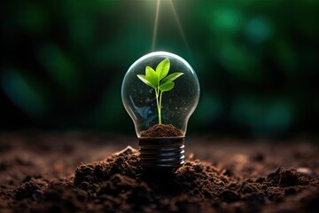 A green plant is flourishing inside the silhouette of a light bulb, placed on a backdrop of soil.