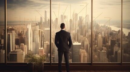 Fototapeta premium A businessman looks out the window from inside an office building, with a view of downtown skyscrapers.