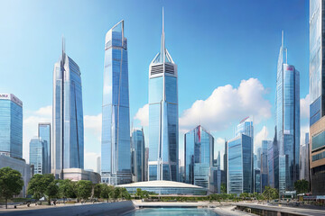 Dazzling Financial Hub. Cityscape with iconic business buildings and banking institutions. A vibrant representation of economic prowess and urban success.