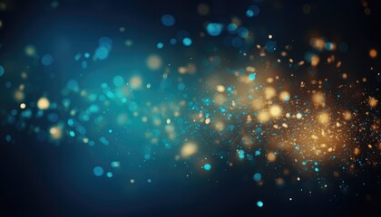 Neon Blue With Gold Particles Abstract Sparkles Bokeh Background.