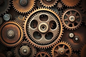 Vintage rusty Machinery gears steampunk background. Generative AI