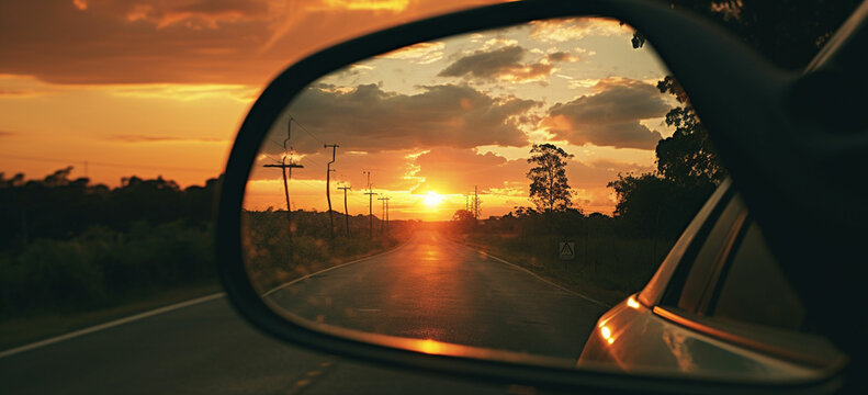 a creative shot by capturing the sunset through the rearview mirror of a parked car