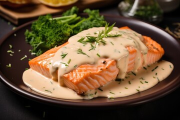 Salmon with sauce on plate