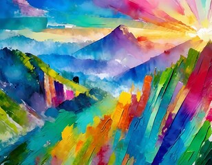 watercolor painting rainbow, Abstract art takes shape in a composition of bold brushstrokes and vivid colors