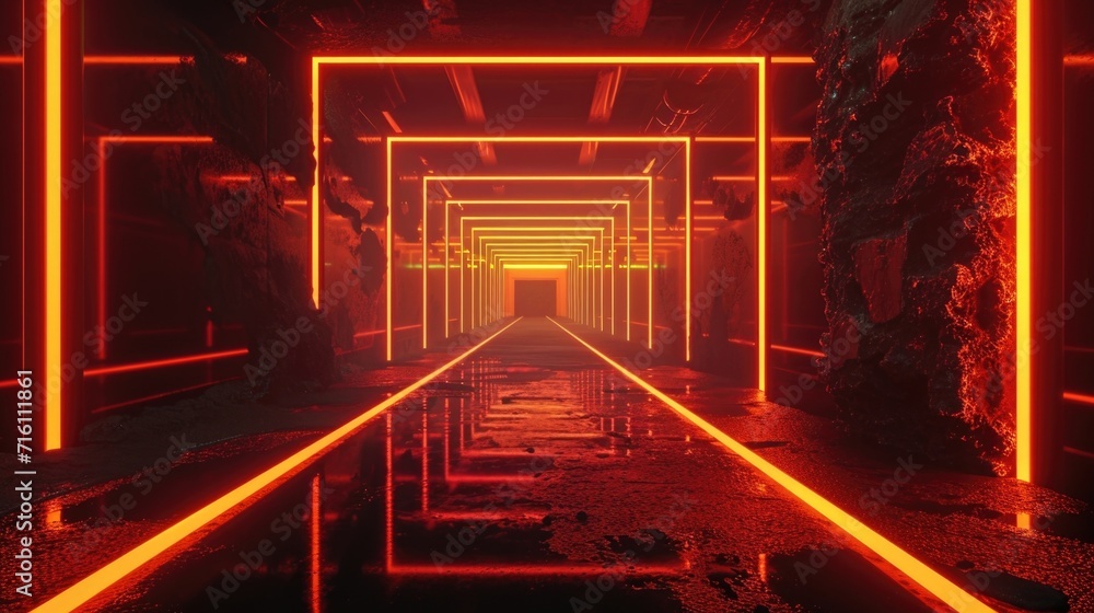 Poster rows of neon orange rectangles arranged in a grid and casting an otherworldly glow over the retro la