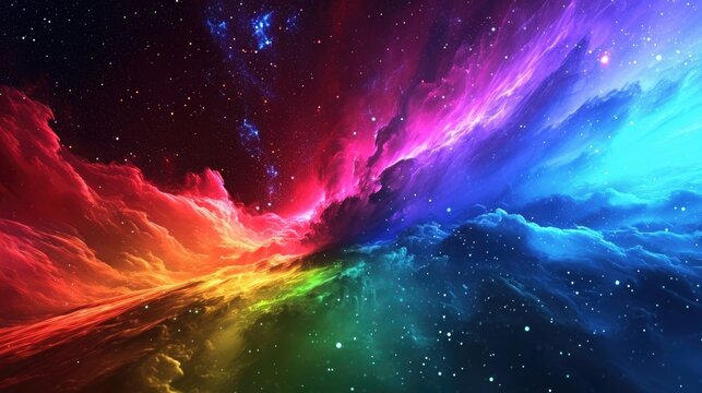 Like a cosmic rainbow a neon aurora fills the dark void with a burst of vivid colors