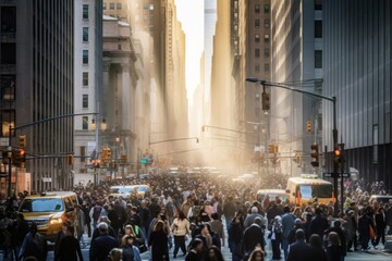 Crowded street in the heart of the financial district with people rushing to their jobs, Generative AI