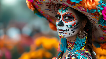 Mexican woman dressed for the Day of the Dead celebration. - obrazy, fototapety, plakaty