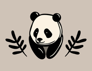Calming panda logo icon with plants in calm beige tones. Vector illustration.