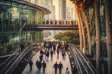 Crowded pedestrian bridge with people briskly walking to their workplaces in the heart of the city's business district, Generative AI