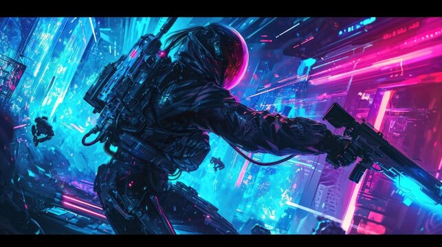 A cyber warrior clad in neon armor battling against digital enemies in a neonlit arena