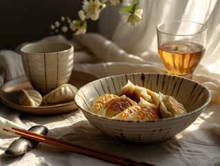 Chinese dumplings in a bowl on a table with a cup of tea