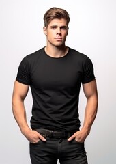 young male model in a black T-shirt on a gray background