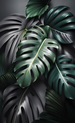 Photo wallpaper with tropical leaves. Decorative fresco in the grunge style. Palm leaves on a gray background. Large tropical leaves, Generative AI 