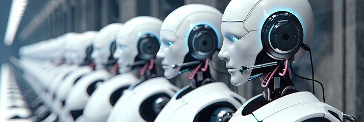 Row of robots in call center working as operators answering customer calls. technology - obrazy, fototapety, plakaty