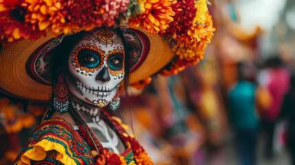 Mexican woman in traditional Day of the Dead celebration costume and makeup