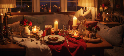a romantic atmosphere with candles and a home-cooked meal