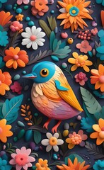 Birds and flowers on gold background, Generative AI 
