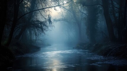 Fototapeta na wymiar Cloaked in Mystery A river surrounded by thick fog, concealing its true depths and secrets.