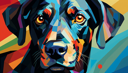 unique and abstract representation of a dog's face using geometric shapes patterns and vibrant colors