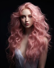 Fototapeta premium girl with long pink lush wavy hair in a romantic style