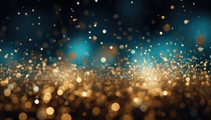 Fototapeta na wymiar Neon Blue With Gold Particles Abstract Sparkles Bokeh Background.